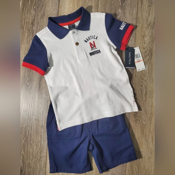 🇺🇲Nautica toddler boy's white, navy, red twill shorts and polo set Size 2T - Picture 2 of 11